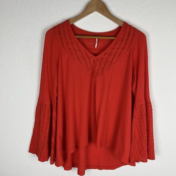 Free People Tops - Free People Parisian Nights Bright Orange Bell Sleeve Top, Islet Trim Si…